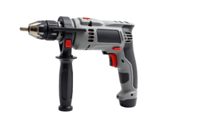 A powerful cordless drill, a versatile tool for various DIY and professional projects.  The drill is grey and black with red accents.