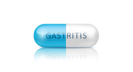 Medical pill gastritis disease. Capsule drug blue painkiller, antibiotic isolated on white background. Medical pharmaceutical and treatment concept. 3d realistic vector.
