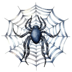 spooky spider web with a large spider cute watercolors illustration on white background
