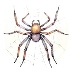 spooky spider web with a large spider cute watercolors illustration on white background
