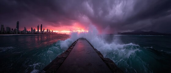 hurricane concept Dramatic seascape with waves crashing against a pier and a vibrant sunset illuminating the skyline.