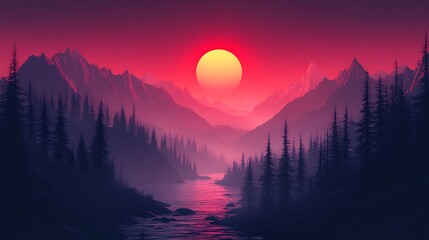 Fototapeta premium Crimson twilight over a mountain river