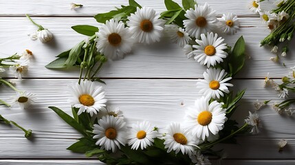 Fototapeta premium Floral top view frame on white wooden background minimal botanical poster natural flower mockup center space layout