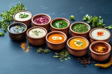 Colorful array of vibrant sauces and dips in small bowls, garnished with fresh herbs and spices