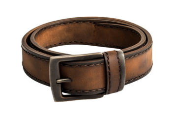 Full view of a brown leather belt, showcasing its stitching and buckle details.  The belt appears to be a simple, durable accessory.