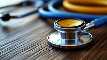 Closeup of medical stethoscope on wooden table in healthcare setting