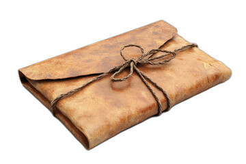 Brown leather envelope with tied string, isolated on transparent background.