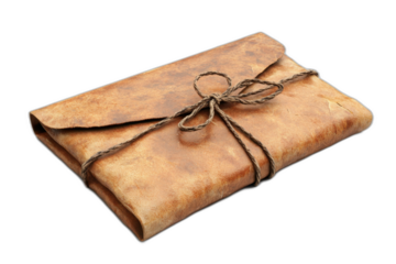 Brown leather envelope with tied string, isolated on transparent background.