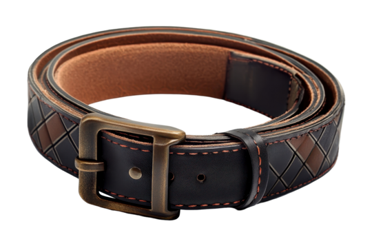 Dark brown and black leather belt with a unique diamond-patterned design and a metal buckle.  The belt is laid flat, showing the full length and features.