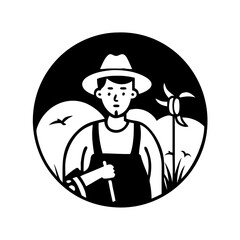 Monochrome illustration of a farmer in a field wearing overalls and hat