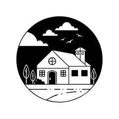 Serene Monochrome House Scene within a Circular Frame with Nature Elements