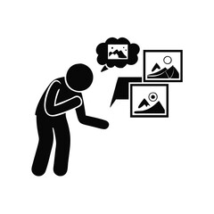 A stick figure reminisces about mountain scenery framed in elegant artwork