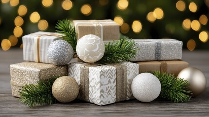 Pile of exquisitely wrapped Christmas gifts with festive greenery and illuminated ornaments - mountain background silver