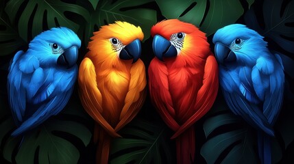 Fototapeta premium Vivid quartet of parrot birds, with plumage in bright gradient hues against a shadowed backdrop providing a dynamic visual appeal and artistry