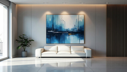 Modern Living Room Interior With Sofa Plants Coffee Table And Empty Wall
