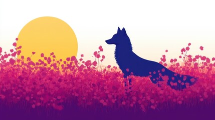 Pixelated fox gazing at a setting sun amidst a field of abstract flora with minimalist art style and calming hues bringing a sense of wonder