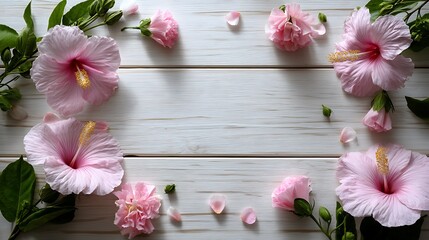 Top view floral frame on white wooden background flatlay flower border with center space layout minimal botanical poster