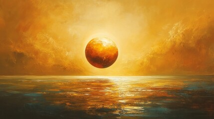 Obraz premium Orange Sunset Over Calm Ocean With Gold Planet