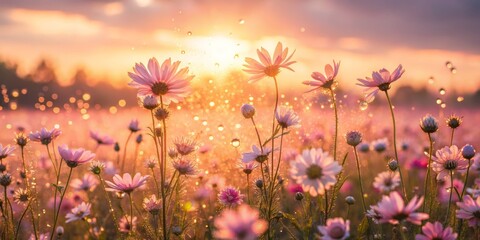 Pink Daisies Meadow at Sunset
