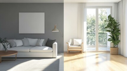 Sunlit minimalist living room with sofa, chair, and plants
