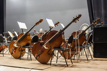 Double basses standing on stage
