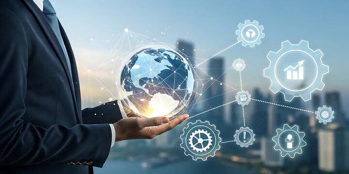 A businessman's hand uses touch on a virtual screen to press a social network icon button, symbolizing global internet communication in future digital technology