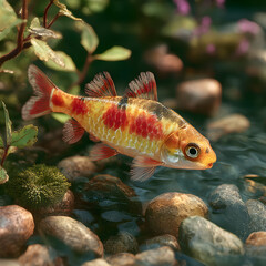 Obraz premium Vibrant Koi Fish Swimming in Aquatic Garden Rocks and Plants