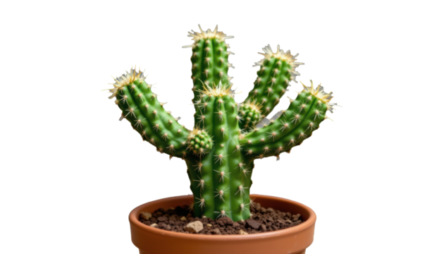 A vibrant green cactus with sharp spines, standing tall in a terracotta pot, isolated against a plain background. Its unique branching structure and vivid color create a striking contrast.