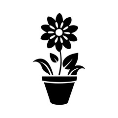 Elegant Black and White Flower in a Pot, Minimalist Design Illustration