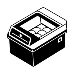 Isometric chest freezer illustration with food inside and black and white coloring