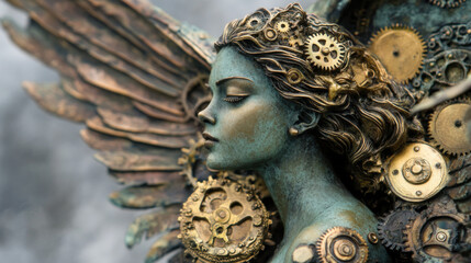 Steampunk Angel Sculpture with Bronze and Gold Gears.