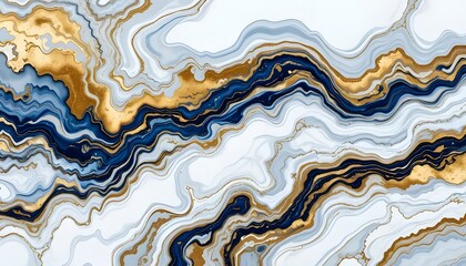 A Stunning Marble Design with Fluid Blue and Gold Patterns Blending Effortlessly on a Crisp White Background
