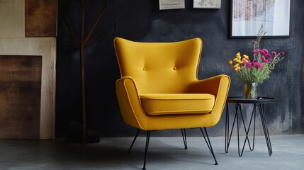 Mustard chair with small hairpin-leg side table