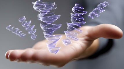 oil molecules dancing in glowing spirals above an open hand