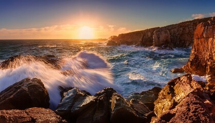coastline with foamy waves crashing against cliffs 