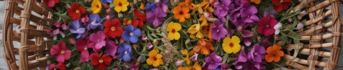 A woven basket overflowing with vibrant, wild edible flowers , bright, colorful flowers, flowers