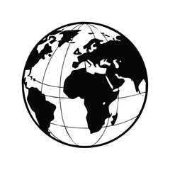 Monochrome globe illustration showing world continents and longitudes and latitudes