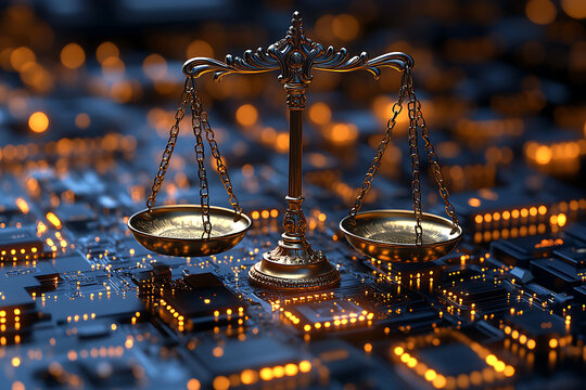 Golden scales of justice symbol on digital circuit board background