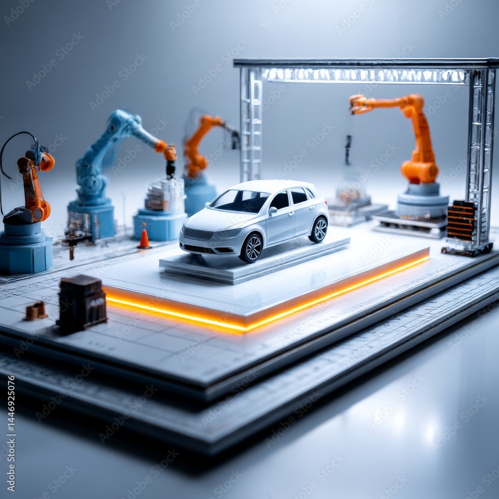 Aufkleber automated car production: miniature white vehicle assembled with robotic arms in a clean and futuris