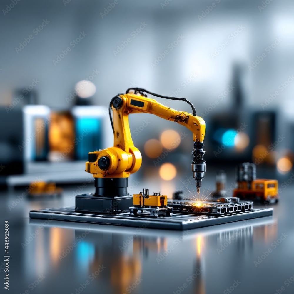 Poster automated precision: a robotic arm performing delicate welding on an electronic circuit board with p