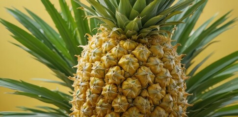 Fototapeta premium A ripe pineapple, its golden skin gleaming, topped with vibrant green spiky leaves , nature, exotic, delicious