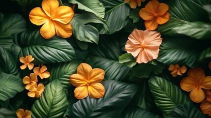Fototapeta premium Lush Tropical Foliage with Golden Orange Flowers, a Verdant Symphony of Vibrant Colors and Textural Leaves