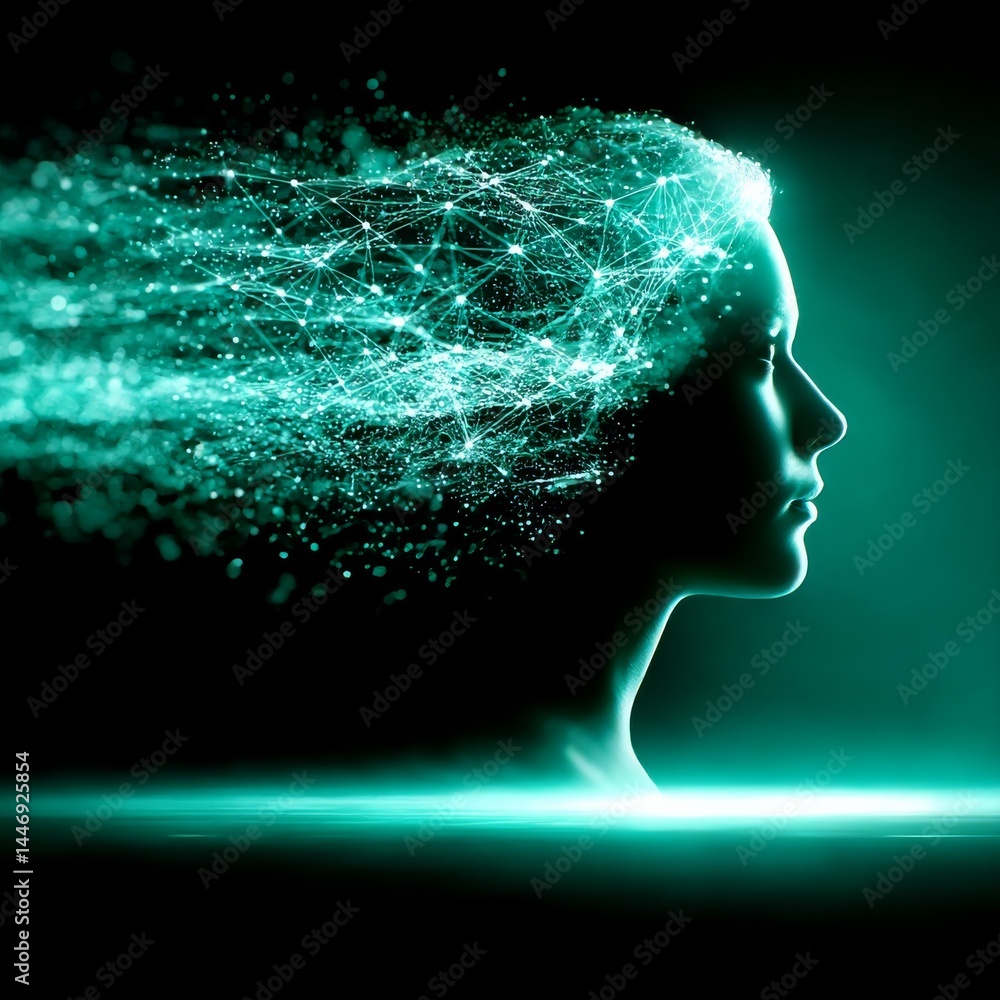 Poster digital brain: ai concept with glowing connections and a human profile in teal and black.