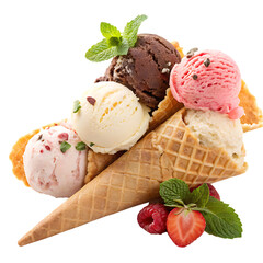 Ice cream scoop on waffle cone on transparent background cutout, PNG file. Many assorted different flavours for artwork design.