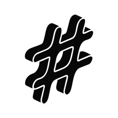 Isometric black hashtag symbol illustration on a clean white background scene