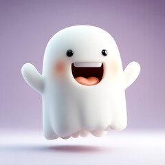 Joyful spectral being, arms raised, wide grin, levitates against a soft purple backdrop. Halloween cheer!