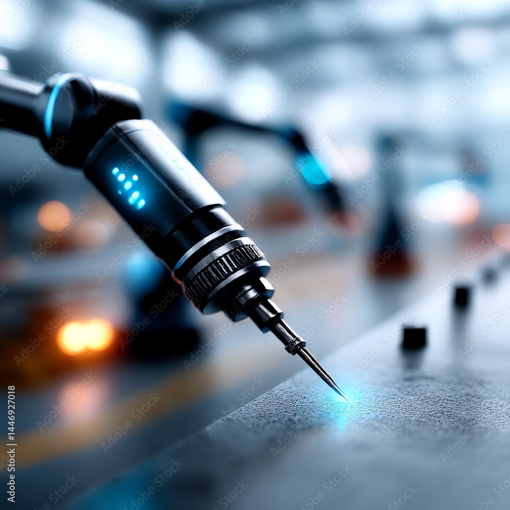 Leinwandbilder Precision Automation: Futuristic Welding Robot in Action with Glowing Touchpoint for Next-Generation Manufacturing