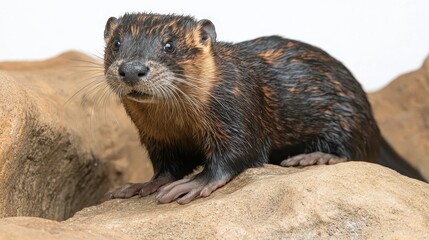 Fototapeta premium Captivating_Close_Up_of_a_Wild_River_Otter_Relaxing_on_a_Sandy_Bank_Showcasing_its_Sleek_Fur_and_Alert_Expression_in_Natural_Light