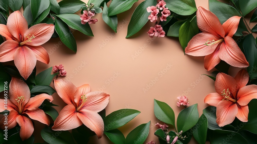 Poster botanical arrangement featuring peach-colored amaryllis flowers and verdant foliage framing a subtle