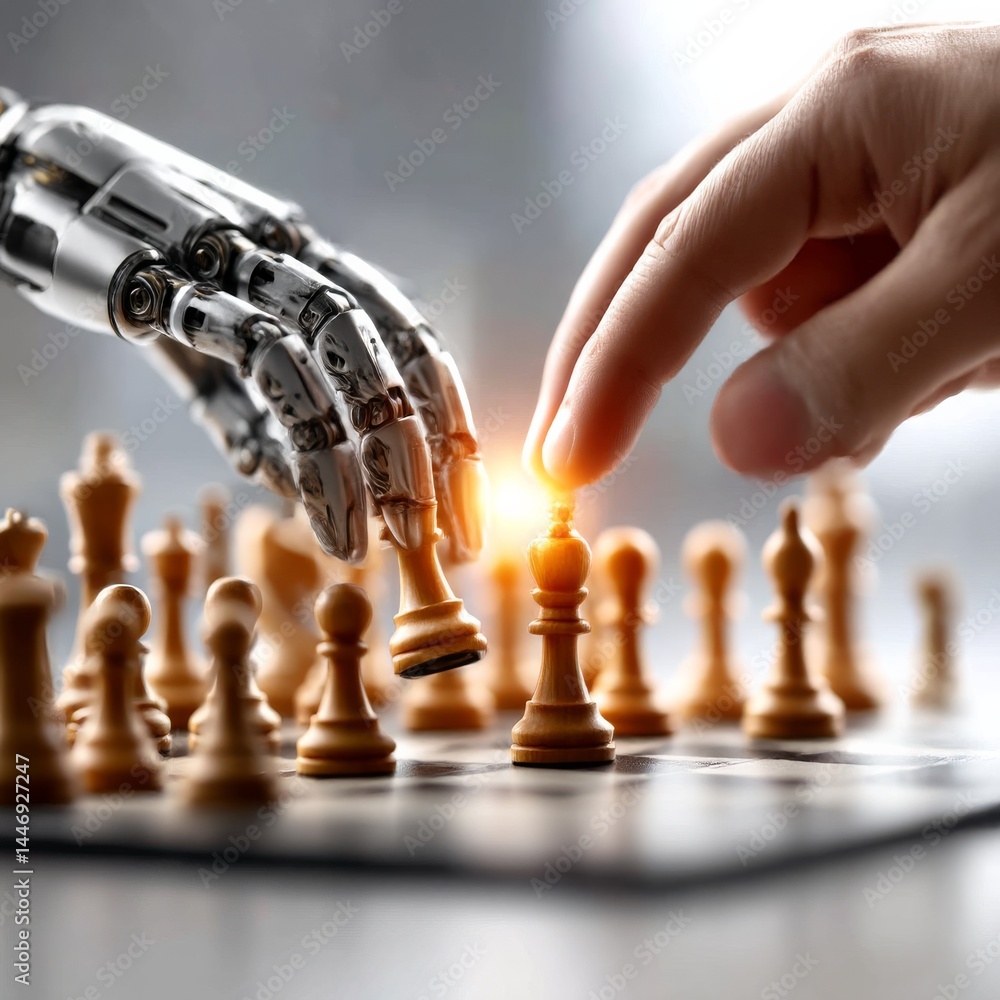 Poster robot and human playing chess: the future of strategy and collaboration in artificial intelligence.